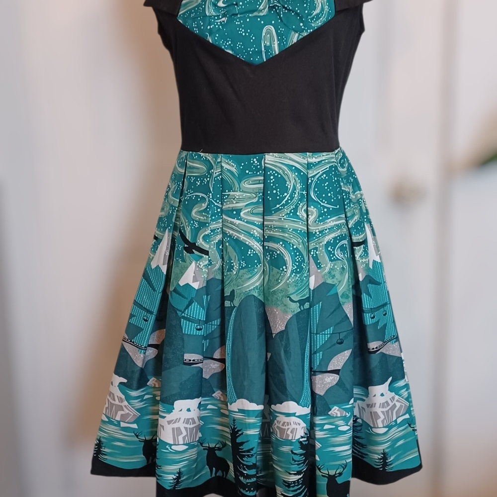 Pleated Cotton Sleeveless Midi Dress, Black & Teal Arctic Scene Print, Sz S/M 6